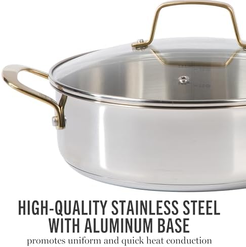 Martha Stewart Castelle 10 Piece 18/8 Durable Stainless Steel Induction Safe Pots and Pans Non-Toxic Kitchen Cookware Set - Gold Handles - Dishwasher Safe