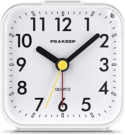 Peakeep Small Battery Operated Analog Travel Alarm Clock Silent | No Ticking, Lighted on Demand and Snooze, Beep Sounds, Gentle Wake, Ascending Alarm, Easy Set (Black)