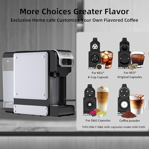 KOTLIE 4-in-1 Espresso Capsule Coffee Machine, Single Serve Coffee Maker for K*cup/Nes/DG/Ground Coffee, 19Bar, 1L,ST-550(silver)
