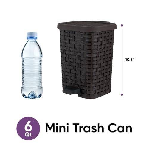 Superio Mini Trash Can with Foot Pedal Small Outdoor Garbage Can with Lid, 1.5 Gallon Plastic Waste Basket for Bathroom, Bedroom, Kitchen, Office, Patio (Wicker Brown 6 QT.)