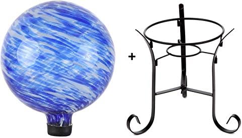 Lily's Home 10" Glass Gazing Ball, A Colorful Addition to Any Garden or Home with a 9-inch Tall Metal Stand