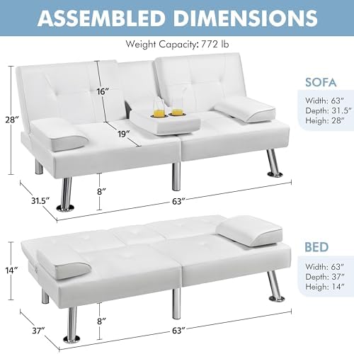 Yaheetech Convertible Futon Sofa Bed Loveseat with Cup Holder, Black