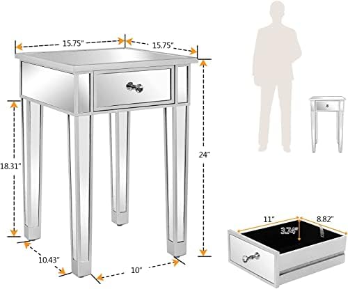 VINGLI Mirrored End Table with Drawer Silver Modern Nightstand/Bedside/Accent Table for Small Space, Living Room, Bedroom, 15.7" L x 15.7" W x 24" H