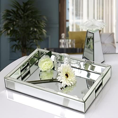 Rectangle Silver Mirror Decorative Tray Size 11” Length x 14” Width x 2” Height, Mirrored Vanity Organizer with Hand