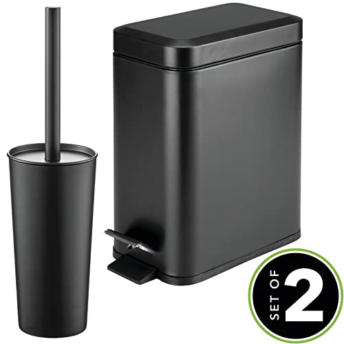 mDesign Metal Freestanding Slim Toilet Bowl Brush and Holder + Rectangle Narrow 5 Liter / 1.3 Gallon Step Pedal Trash Can Wastebasket for Bathroom