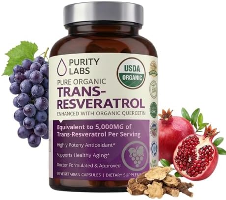 Purity Labs Trans-Resveratrol Supplement 5, 000 mg Equivalent per Serving with Quercetin, USDA Organic High Potency Antioxidant, Vegan Capsules
