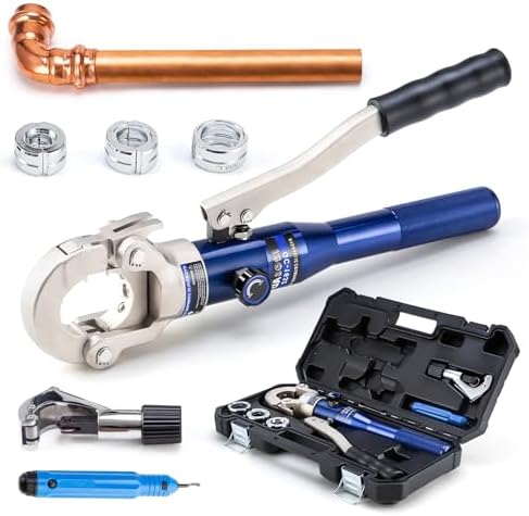 Copper Tube Fittings Hydraulic Pipe Crimping Tool with 1/2",3/4" and 1" Jaw Copper Pipe Press Crimper Pressing Pliers, with Pipe Cutter
