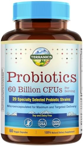 Terranics Probiotics 60 Billion CFU, 20 Strains, 60 Veg Capsules, Prebiotics & Probiotics, Shelf Stable Probiotic Supplement for Men & Women, Non-GMO