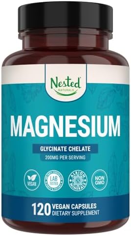 Nested Naturals Magnesium Glycinate Chelate - 200mg Chelated Magnesium Supplement for Muscle Cramps, Relaxation, & Sleep Support - 100% Albion TRACCS Buffered Magnesium Glycinate - 120 Vegan Capsules