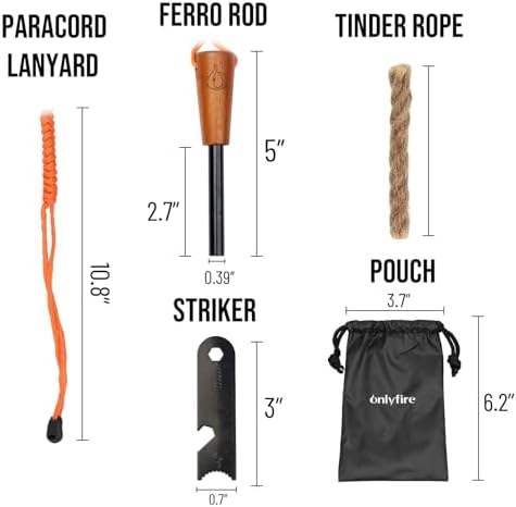 onlyfire Fire Starter Survival Tool, Ferro Rod Kit with Tinder Wick, Pouch, Waterproof Flint and Steel Fire Starter for Camping