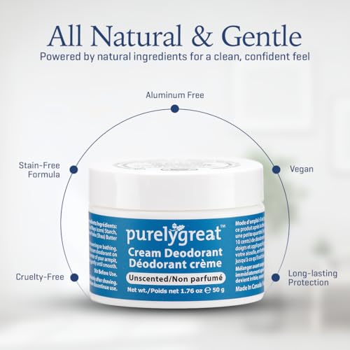 Purelygreat Natural Unscented Cream Deodorant for Women & Men | Aluminum Free Deodorant Women & Men | Vegan & Long Lasting Odor Control | Chemicals, Parabens, BPA & Cruelty Free | 1.76 oz