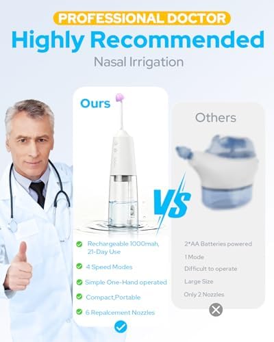 Nasal Irrigation System with 40 Saline Packets, 15s Quick Relief, Nettie Pot Sinus Rinse with 4 Speeds, 1000mah USB-C Charging