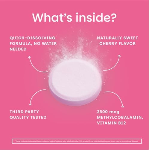 EZ Melts Dissolvable B12 Methylcobalamin 2,500 mcg - Vitamin B12 for Energy & Immune Support - Non-GMO, Vegan & Gluten-Free - Red Cherry - 90 Sublingual Tablets (90 Servings)