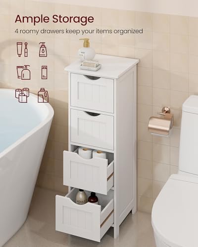 VASAGLE Floor Storage Cabinet, Freestanding Storage Organizer with 4 Drawers, 11.8 x 11.8 x 32.3 Inches, for Living Room, Bathroom, Dining Room, Kitchen, Modern Style, Cloud White ULHC040WH01S