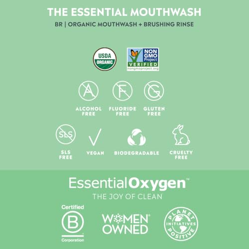 Essential Oxygen Certified BR Organic Brushing Rinse, All Natural Mouthwash for Whiter Teeth, Fresher Breath, and Happier Gums, Alcohol-Free Oral Care, Peppermint, 16 Ounce, Package may vary