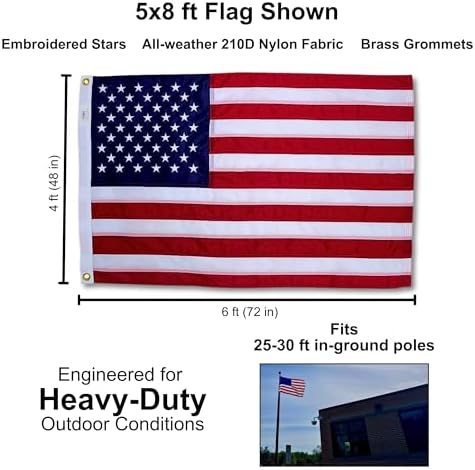 4x6 ft Heavy-Duty American Flag – 100% Made in USA, FMAA Certified – UV-Resistant 210D Outdoor Nylon with Embroidered Stars, Sewn Stripes, Brass Grommets, Reinforced Fly End for 20–25 ft Poles