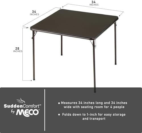 Sudden Comfort 34 by 34 Inch Portable EZ Slide Leg Lock Square Metal Padded Vinyl Top Folding Dining Card Table in Buff Tan