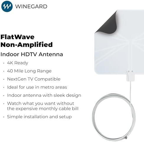 Winegard FL-5000 Indoor HD Antenna FlatWave - Non-Amplified VHF/UHF Indoor TV Antenna-Over-the-Air Reception-40 Mile Range-NextGen TV Compatible Ultra-Thin-Dual Color Easy Setup-For Metro Areas