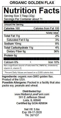 Golden Flax Seed (Flaxseed) 5 Pounds Whole Raw USDA Certified Organic, Non-GMO, Bulk, Product of USA, Mulberry Lane Farms