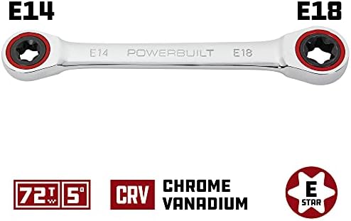 Powerbuilt E10/E12 Ratcheting Double Box-End E-Torx E-Star Wrench, 72-Tooth Ratcheting Wrench with 5-Degree Swing for Tight Spaces - 641760