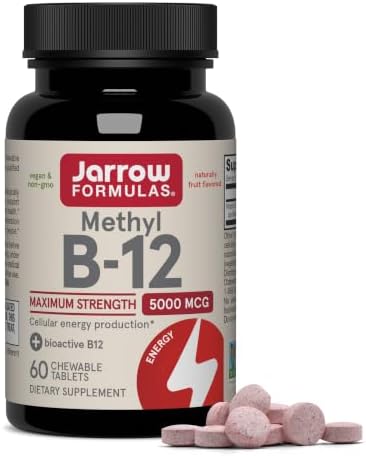 Jarrow Formulas Methyl Vitamin B12 5000 mcg - 60 Chewable Tablets, Naturally Fruit Flavored- Bioactive B12 Vitamin - Supports Cellular Energy Production, Brain Health & Metabolism - 60 Servings | Fruit Flavored, Bioactive B12 Vitamin, Supports Cellular E…