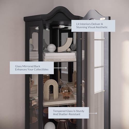 BELLEZE Lighted Corner Display Curved Top Curio Cabinet Wooden Shelving Unit with Tempered Glass Door