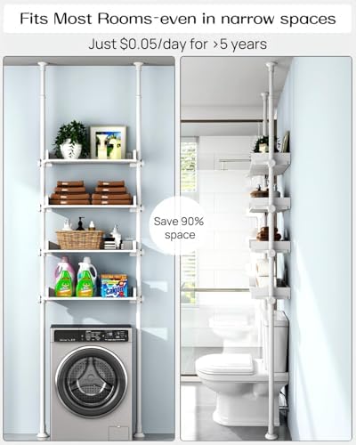 ALLZONE Bathroom Organizer, Over The Toilet Storage, 4-Tier Adjustable Wood Shelves for Small Rooms, Saver Space Rack, 92 to 116 Inch Tall