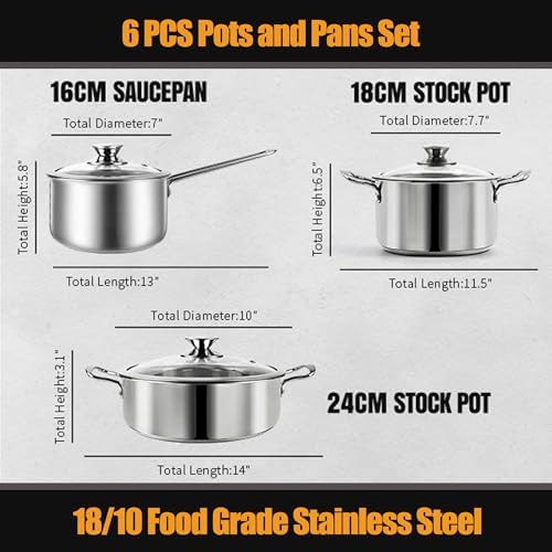 Stainless Steel pots and pans set, 6 PCS Nonstick Induction Cookware Set | Works with Induction/Electric and Gas Cooktops, Dishwasher Safe