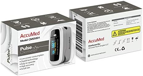 AccuMed CMS-50D1 Fingertip Pulse Oximeter Blood Oxygen Sensor SpO2 for Sports and Aviation. Portable and Lightweight with LED Display, 2 AAA Batteries
