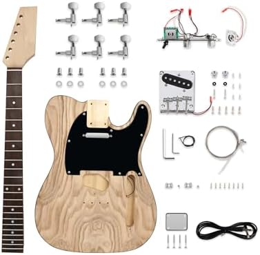 DIY Electric Guitar Kit Beginner Kit TL Style 6 String Right Hand | Basswood Body with Ash Burl Top, Hard Maple Neck, Rosewood Fretboard