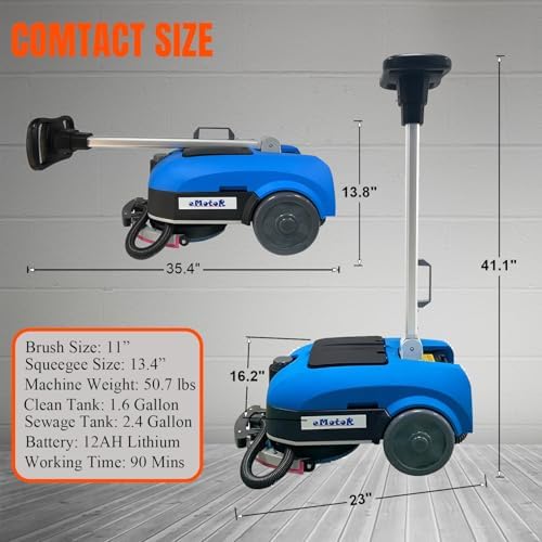 Emotor Portable Commercial Walk Behind Floor Scrubber-11" Brush | Lightweight, 360 Degress Rotation Squeegee Assembly