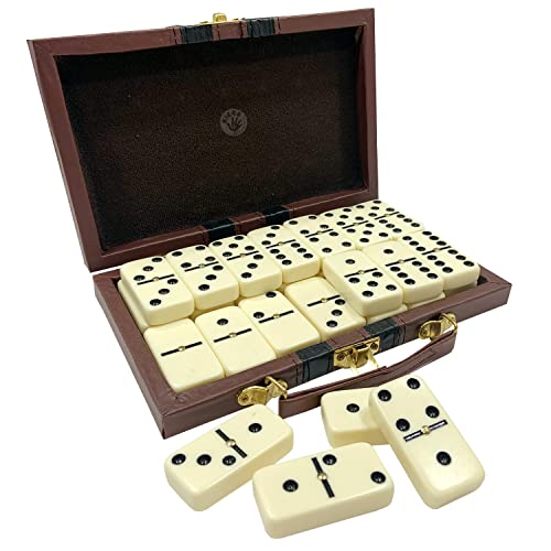Kicko Domino Set - 28 Pieces Double Six Classic Dominoes in Durable Wooden Brown Box - Fun Mini Board Game for 2-4 Players - Ideal for Boys, Girls, Adults - Family Game Night and Vintage Party Games