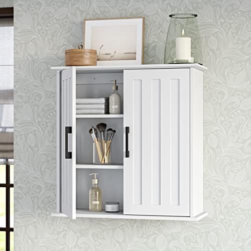 RiverRidge Monroe Two-Door Bathroom Wall Mount Medicine Cabinet, White | Adjustable Interior Shelf, Soft Close Hinges, Matte Black Handles