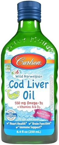 Carlson Cod Liver Oil, 1100 mg, Omega-3s, Lemon, 500 mL (16.9 Fl Oz) | plus Vitamins A and D3; Wild Caught Norwegian Arctic Cod Liver Oil; Sustainably Sourced Nordic Fish Oil Liquid