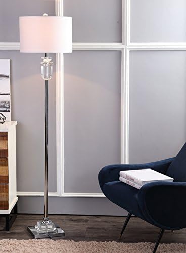 JONATHAN Y Aria 63" Faceted Crystal Metal LED Floor Lamp, Clear/Chrome | Contemporary Glam Style, White Linen Drum Shade, Rotary Switch, 72" Silk Cord
