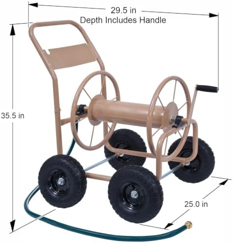 Liberty Garden Industrial 4 Wheel 300 Foot of 0.625 Inch Hose Steel Frame Water Hose Reel Cart for Backyard, Garden, or Lawn, Beige