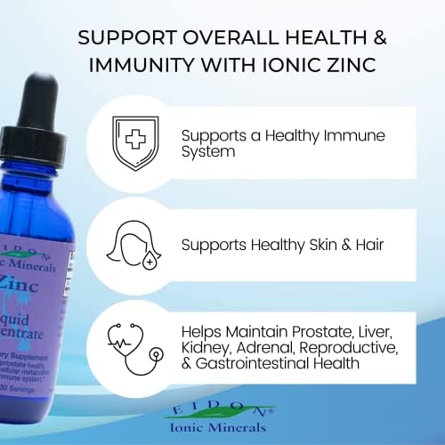Eidon Ionic Minerals - Liquid Zinc Concentrate, Ionic Zinc Sulfate - 2 oz | Supplement Drops for Men, Women, & Kids, Support Immune System, Hair and Skin, Liver and Kidney Health