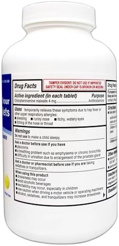 Major Allergy Tablets, Chlorpheniramine Maleate 4 mg, Antihistamine 4 Hour, 1000 Tablets