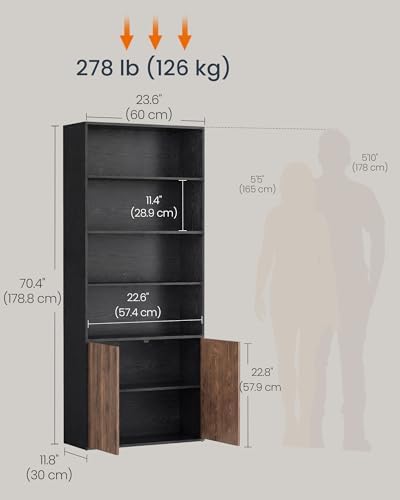 SONGMICS HOME Book Shelf, Snapsemble Superfast Assembly, 6-Tier Floor Standing Bookcase with Doors and Adjustable Shelves, 70.4 Inches Tall for Bedroom Study Living Room, Snow White