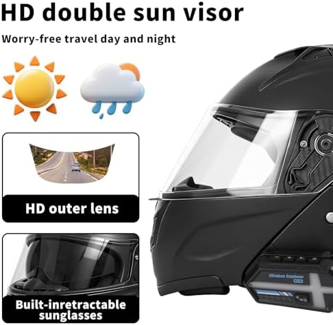 Bluetooth Modular Motorcycle Helmets with Tail Lights, DOT Certified Flip-Up Dual Visor Full Face Helmets for Men & Women Moto ATV UTV Snowmobile ADV Four Wheeler Street Bike
