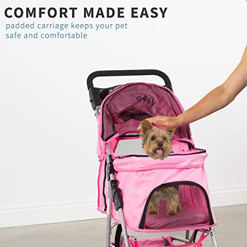 VIVO Black 4 Wheel Pet Stroller for Cat, Dog and More, Foldable Carrier Strolling Cart, STROLR-V001K