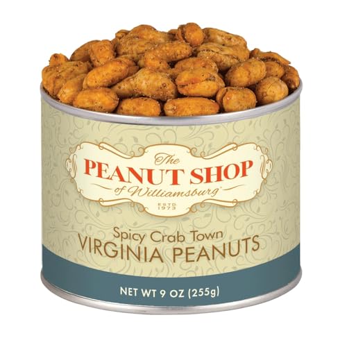 The Peanut Shop of Williamsburg Williamsburg Peanuts Crab Town seasoning, Lightly Salted Large Virginia Peanuts, Hand Cooked, Gluten Free - 9 Oz Tin