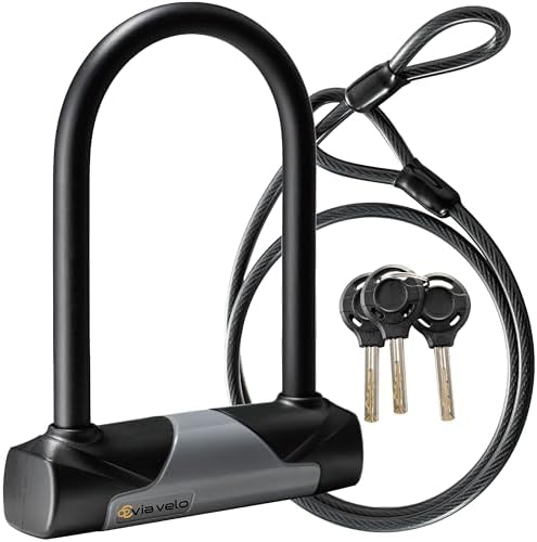 Bike U Lock with Cable - Via Velo Heavy Duty Bicycle U-Lock,14mm Shackle and 10mm x1.8m Cable with Mounting Bracket for Road, Mountain, Electric & Folding Bike