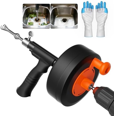 25ft Drain Auger Heavy Duty, Professional Plumbing Snake with Drill Adapter, Manual & Powered Clog Remover for Kitchen, Bathroom, Shower Sink & Bathtub, Flexible Pipe Snake Cleaner with Gloves