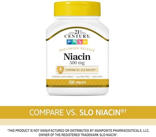 21st Century Niacin 500mg Prolonged Release Tablets, Vitamin B3, 100ct | Vitamin B3 Niacin 500 mg, Energy Metabolism, Heart & Nervous System Support, Prolonged-Release Formula, Non-GMO, Gluten Free