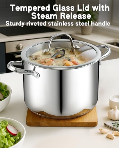 Cooks Standard Classic 6-Quart Stainless Steel Dutch Oven Casserole with Glass Lid, Large Dutch Oven Casserole for Soup, Stew, Chili & Pasta, Compatible with All Stovetops