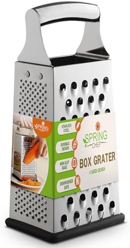 Spring Chef Stainless Steel Cheese Grater, Large Box Grater for Kitchen | 4 Sided Handheld Vegetable Shredder, Kitchen Food Grater for Cheese, Potato