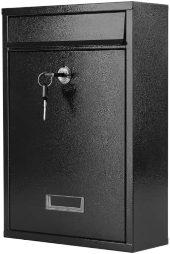 KYODOLED Mailbox for Outside, Wall Mount Locking Mailbox, Security Drop Box with Key Lock for Letters, Cash, Cards, Steel Mail Box for House Office School, 12.4H x 8.54L x 3.35W Inches, Black