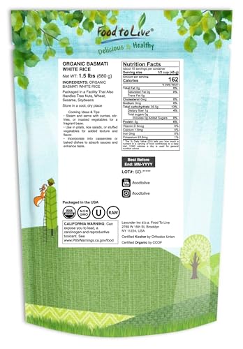 Food to Live Organic White Basmati Rice, 25 Pounds – Non-GMO, Long-Grain Rice Variety, Fragrant, Kosher, Vegan, Bulk. Non-Irradiated. Less Starch.Great for Indian Dishes.