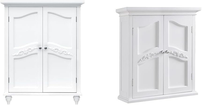 Teamson Home Versailles Wooden Floor Storage Cabinet and Wall Cabinet with Adjustable Shelves and Floral Scroll Doors, White